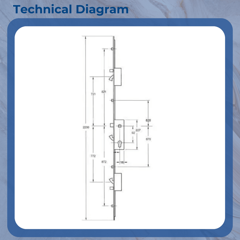 Fullex XL Multipoint Door Lock – 3 Hooks, 2 Anti-Lift Pins, 4 Rollers, Latch – 721mm Top Hook to Spindle