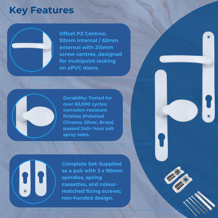 UPVC Offset Lever Pad Multipoint Door Handles – 92/62mm PZ, Sprung, 215mm Screw Centres – Secure uPVC Door Hardware