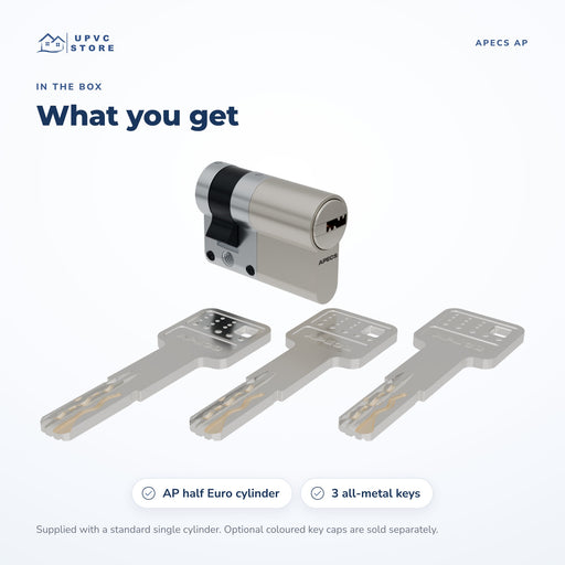 In the box: an APECS AP half Euro cylinder and three all-metal AP keys