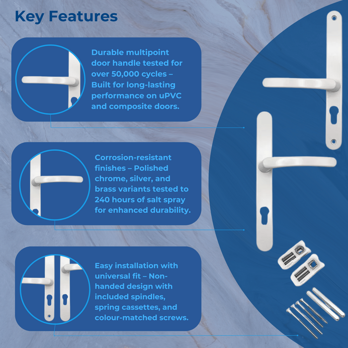 Offset Lever Lever uPVC Multipoint Door Handles – 48/87mm PZ Centres – Sprung – 240mm Screw Fixing Centres 