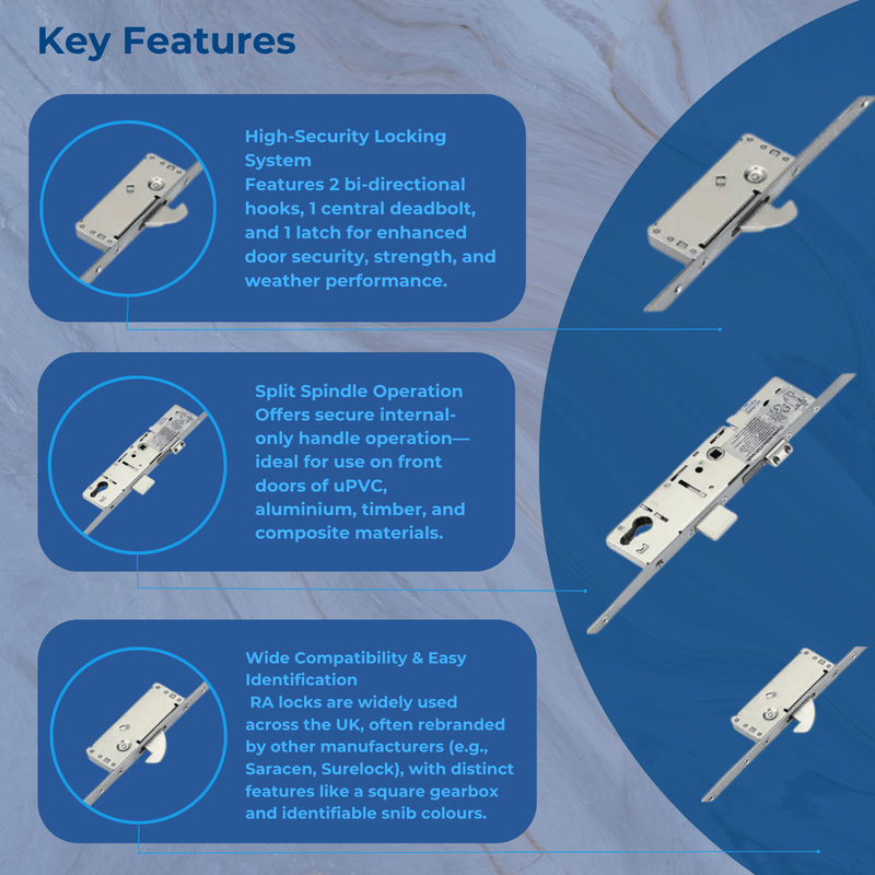 ERA Multipoint Door Lock – Split Spindle with 2 Large Hooks, Latch & Deadbolt -(730mm Top Hook to Spindle)