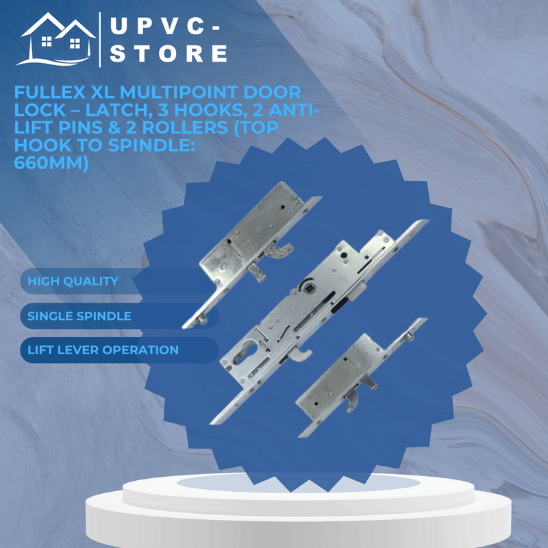 Fullex XL Multipoint Door Lock – Latch, 3 Hooks, 2 Anti-Lift Pins & 2 Rollers (Top Hook to Spindle: 660mm)