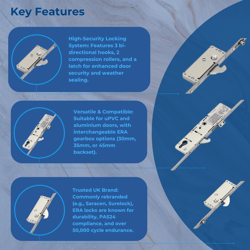 ERA Multipoint Door Lock – Split Spindle with 3 Hooks, 2 Rollers & Latch – Option 1 (610mm Top Hook to Spindle)