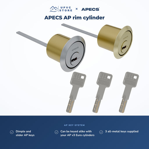 APECS AP rim cylinders in Brushed Satin Nickel and Brushed Brass with three AP keys shown face-on and the UPVC Store and APECS logos; dimple and slider AP keys, can be keyed alike with AP v3 Euro cylinders, supplied with 3 all-metal keys