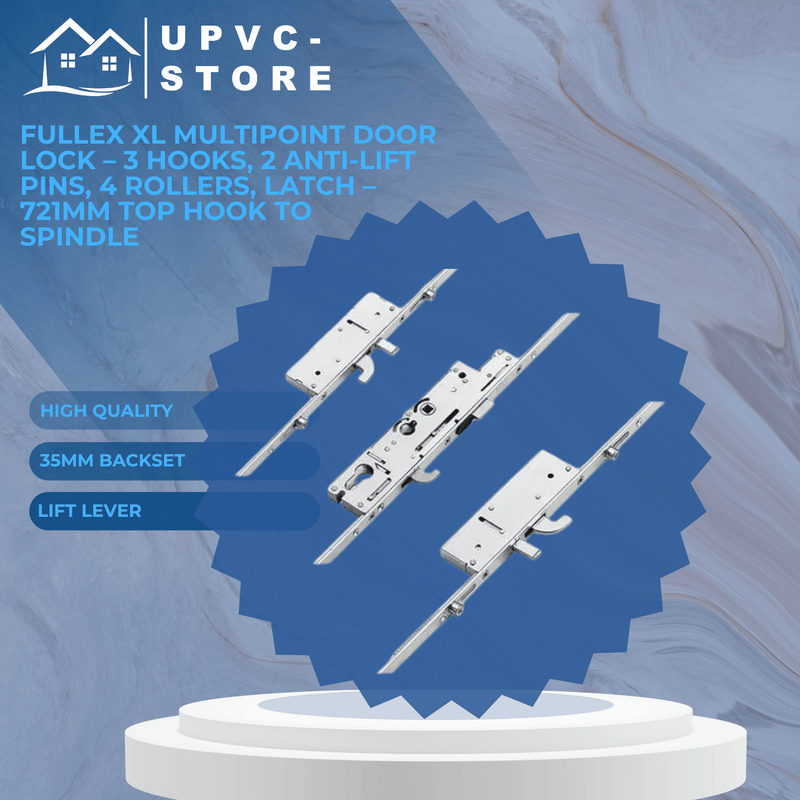 Fullex XL Multipoint Door Lock – 3 Hooks, 2 Anti-Lift Pins, 4 Rollers, Latch – 721mm Top Hook to Spindle