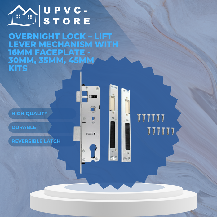 Overnight Lock Lift Lever Mechanism with 16mm Faceplate 30mm, 35mm, 45mm Kits - No Euro Cylinder