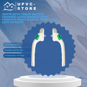 White With Green Button Cranked 40mm Spindle UPVC Window Handle Espag None Lock Left or Right