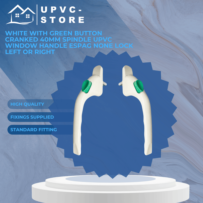 White With Green Button Cranked 40mm Spindle UPVC Window Handle Espag None Lock Left or Right