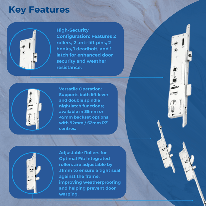 Lockmaster Multipoint Door Lock – Latch, Deadbolt, 2 Hooks, 2 Anti-Lift Pins, 2 Rollers – Lift Lever or Double Spindle –  505mm Top Hook to Spindle Distance