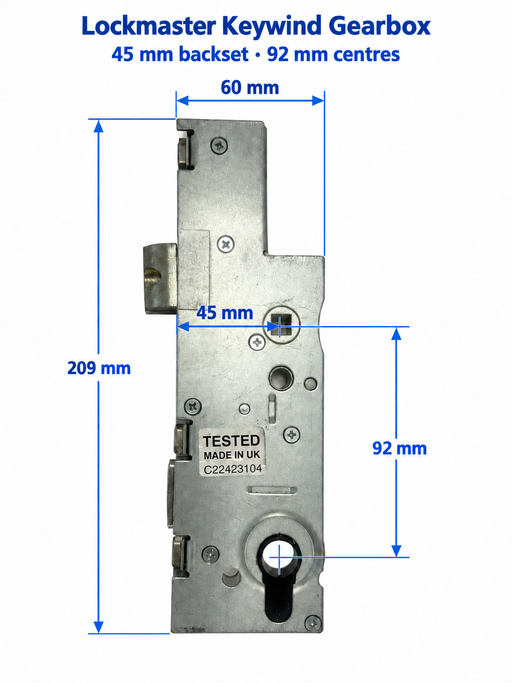 Lockmaster Keywind Door Lock Gearbox 45mm Backset 92mm PZ Latch & Deadbolt