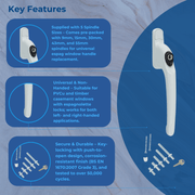 uPVC Universal Inline Window Handle 9mm 15m, 30mm 43mm 55mm Spindle Locking Espag Double Glazing Replacement