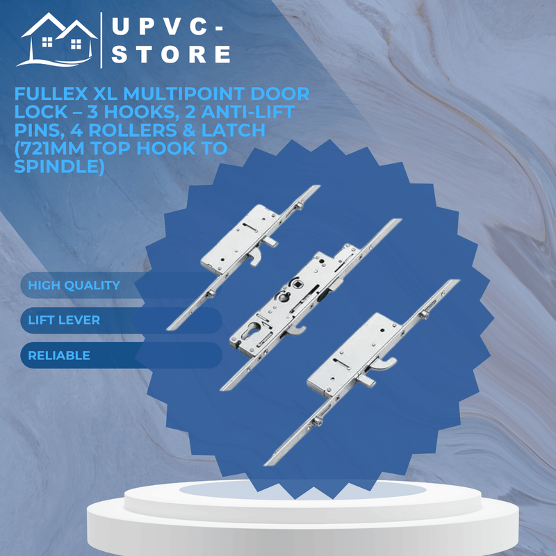 Fullex XL Multipoint Door Lock – 3 Hooks, 2 Anti-Lift Pins, 4 Rollers & Latch (721mm Top Hook to Spindle)