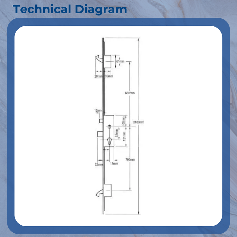 ERA Multipoint Door Lock – Split Spindle with 2 Small Hooks & Latch Deadbolt (680mm Top Hook to Spindle) – Option 3