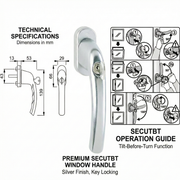 Hoppe Tokyo Lockable Tilt & Turn Window Handle (SecuTBT TBT4) – F1 Silver Aluminium – 32mm Spindle