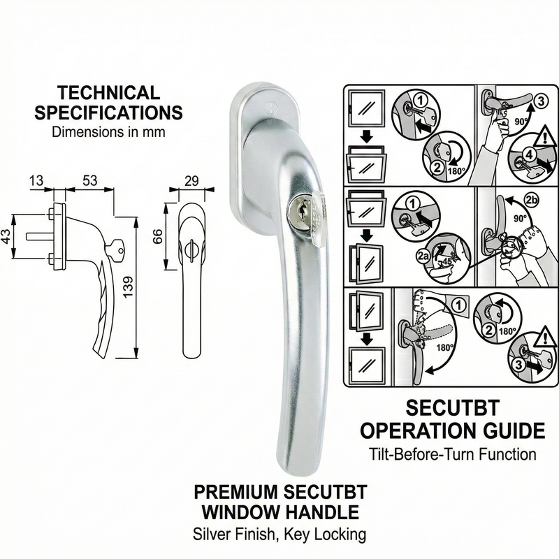 Hoppe Tokyo Lockable Tilt & Turn Window Handle (SecuTBT TBT4) – F1 Silver Aluminium – 32mm Spindle