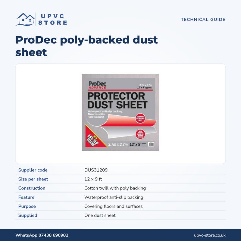 UPVC Store technical guide for Rodo DUS31209 poly-backed dust sheet