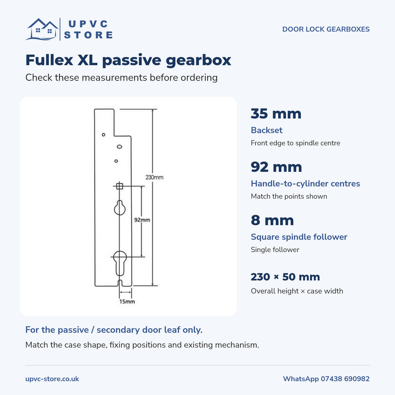 Fullex XL passive gearbox dimensions: 35mm backset, 92mm centres, 8mm follower and 230 by 50mm case