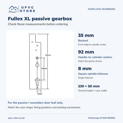 Fullex XL passive gearbox dimensions: 35mm backset, 92mm centres, 8mm follower and 230 by 50mm case
