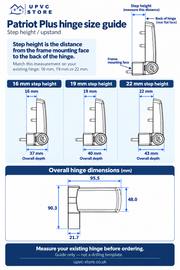 Patriot Plus hinge size guide: measure 16mm, 19mm or 22mm step height from frame to back of hinge; overall dimensions and depths