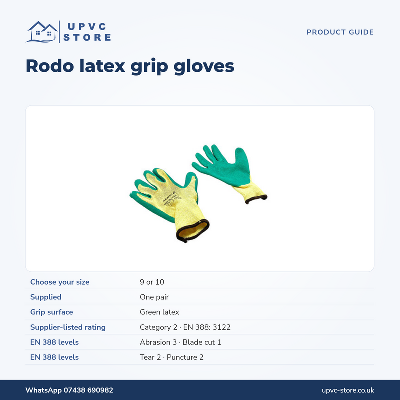 Rodo glove size and supplier-listed EN388 protection guide