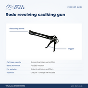 Rodo caulking gun guide showing revolving barrel, trigger and 400ml cartridge capacity