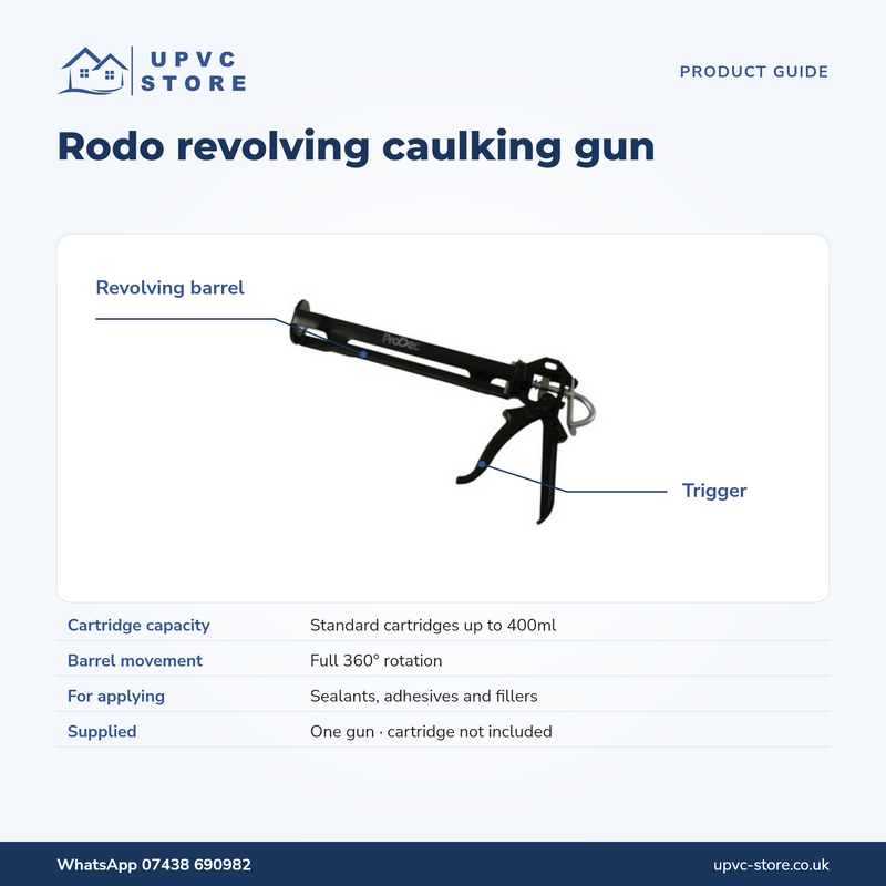 Rodo caulking gun guide showing revolving barrel, trigger and 400ml cartridge capacity