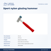Xpert glazing hammer size and specification guide: 32mm faces, 275mm length, approximately 458g