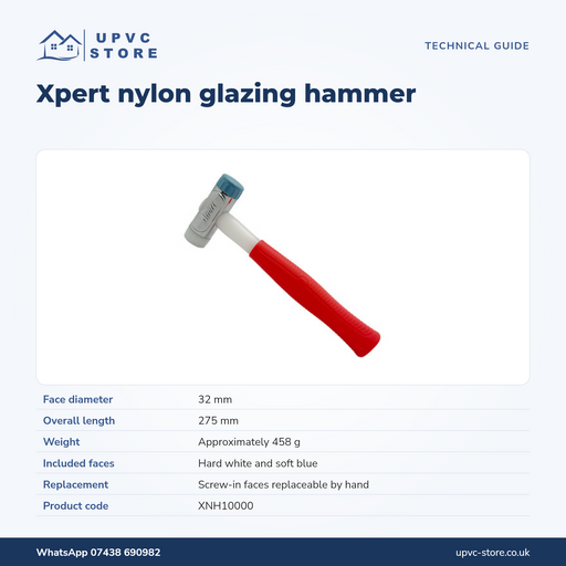 Xpert glazing hammer size and specification guide: 32mm faces, 275mm length, approximately 458g