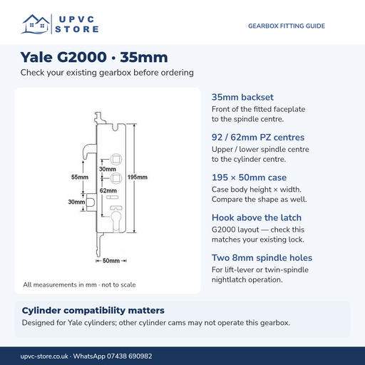 Yale G2000 measurement guide: 35mm backset, 92/62mm centres, 195 by 50mm case