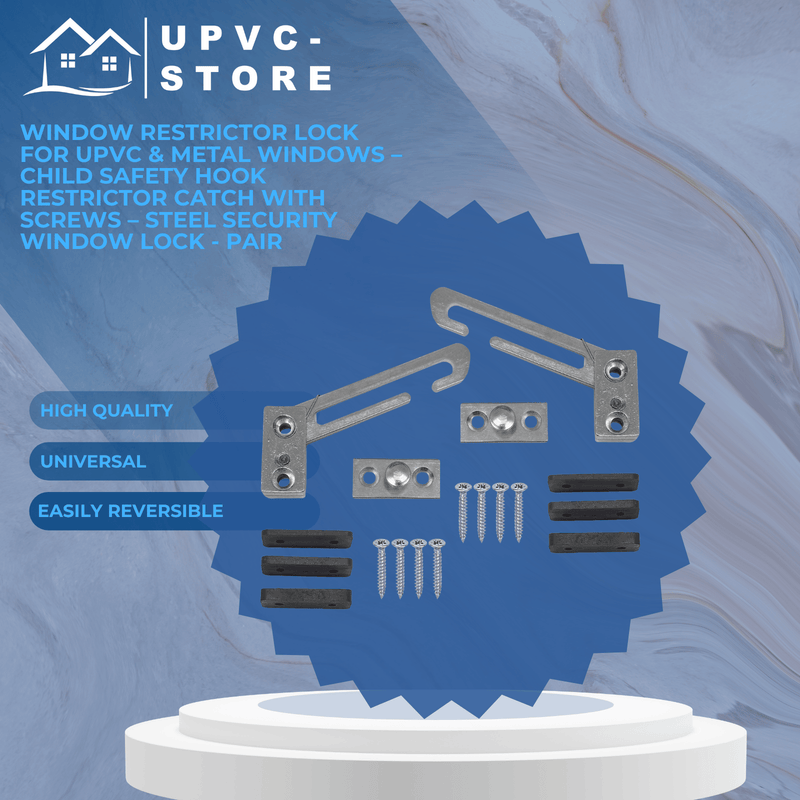 Window Restrictor Lock for uPVC & Metal Windows – Child Safety Hook Restrictor Catch with Screws – Steel Security Window Lock - Pair