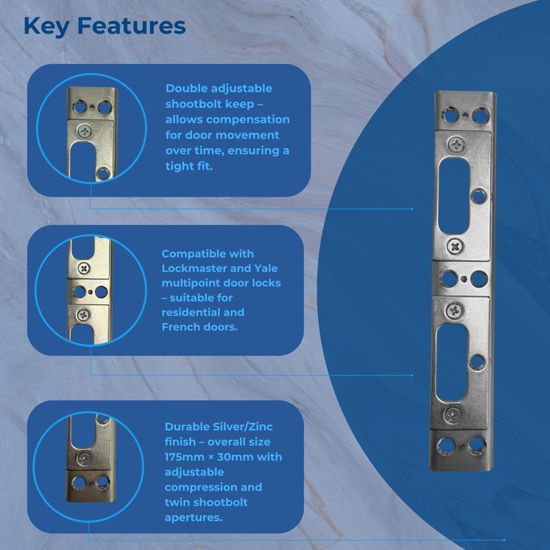 PLK32-19 Double Adjustable Silver Shootbolt Keep for uPVC and Timber Doors