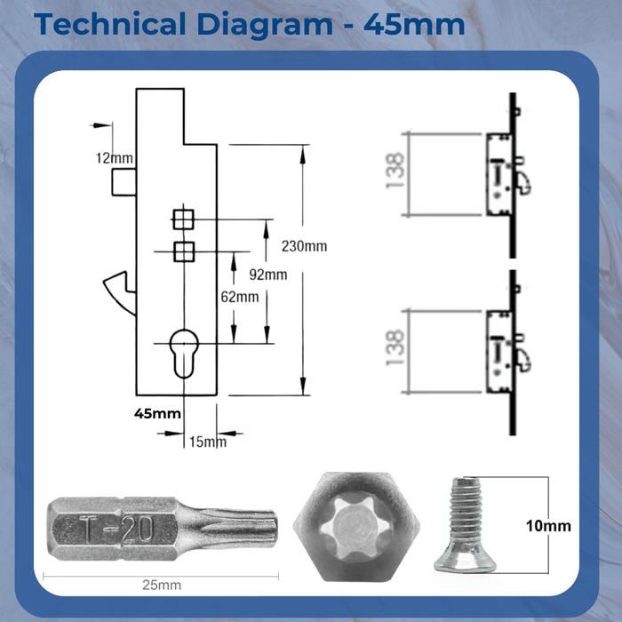 XL Dual Spindle Refurbishment Kit with 2 Anti-Lift Hooks – Multipoint Door Lock Repair Solution -35mm or 45mm Backset – Multipoint Lock Repair Set