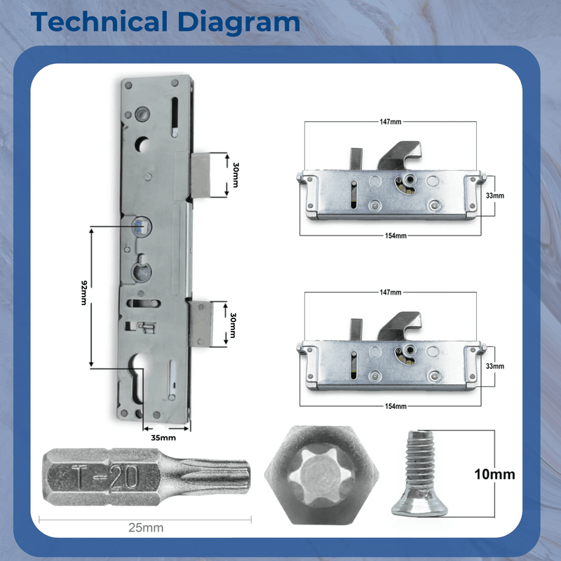 Genuine Lockmaster Single Spindle 35mm Backset uPVC Door Lock GearBox- Mila Anti-Lift Hook Door Lock Refurbishment Kit