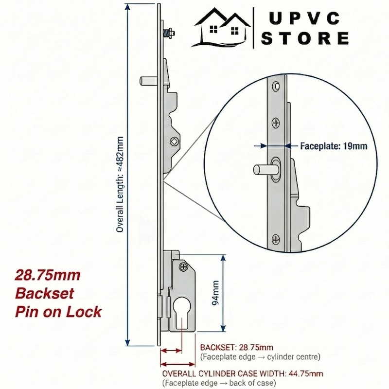 Fullex MK2 2 Point Sliding Patio Door Lock – Pin on Lock – 18.75mm / 25.75mm / 28.75mm Backset