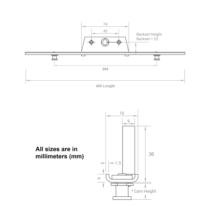 Offset U-Track Mushroom Espag Window Lock 22mm Backset 250 400 600 800 1000mm
