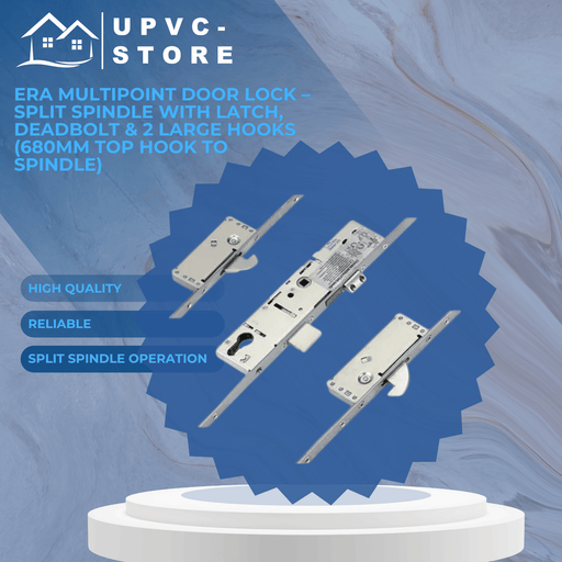 ERA Multipoint Door Lock – Split Spindle with Latch, Deadbolt & 2 Large Hooks (680mm Top Hook to Spindle)