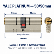 Yale Platinum 3 Star Euro Cylinder 50/50 Dual Colour 3 Keys