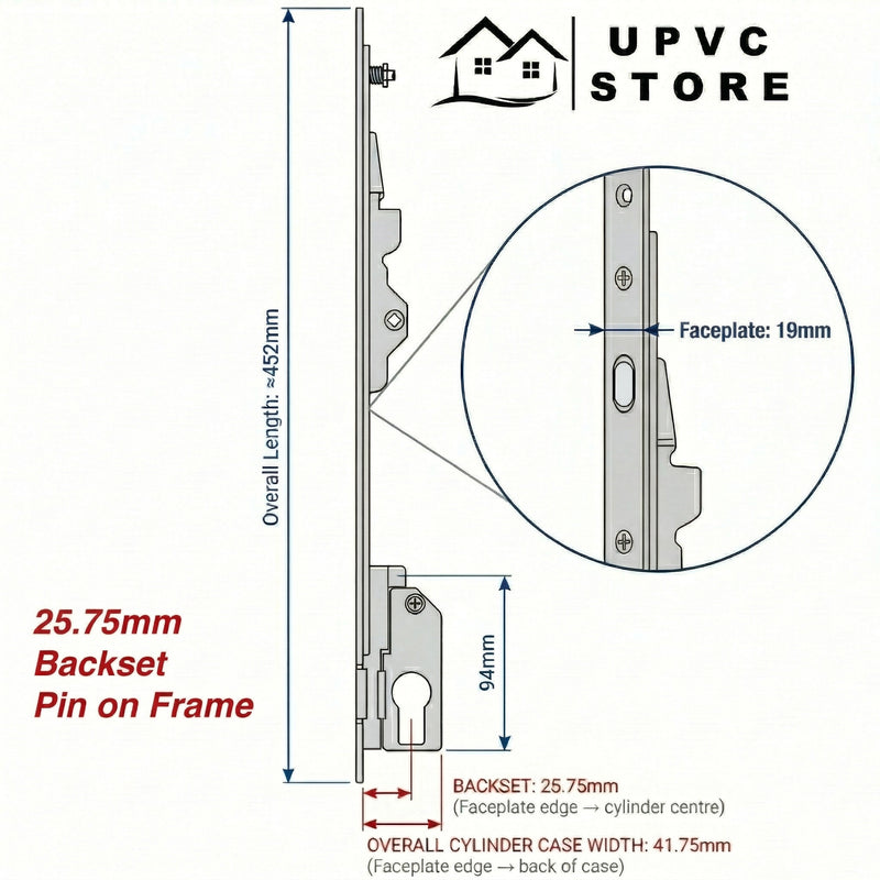 Fullex MK1 2 Point Sliding Patio Door Lock – Pin on Frame – 18.75mm / 25.75mm / 28.75mm Backset