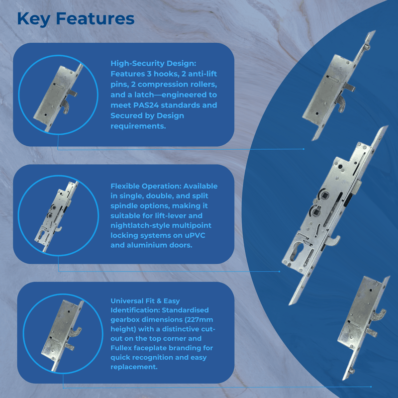Fullex XL Multipoint Door Lock – Latch, 3 Hooks, 2 Anti-Lift Pins & 2 Rollers (518mm Top Hook to Spindle)