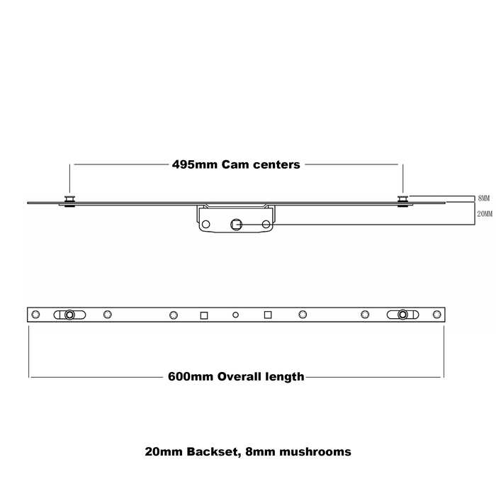 Universal Window Repair Kit Inline Espagnolette 20mm Backset 8mm mushrooms Keeps + Screw Included