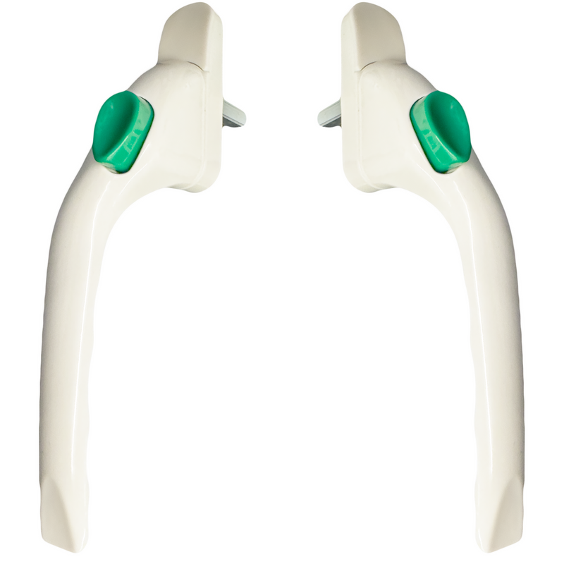 White With Green Button Cranked 40mm Spindle UPVC Window Handle Espag None Lock Left or Right