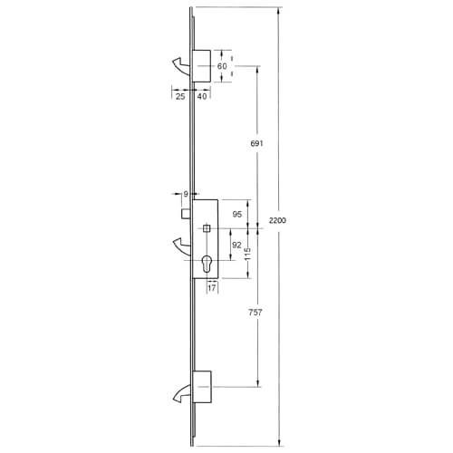 Yale YS170 Latch and 3 Hooks. Long Version, Square 16mm x 2200mm faceplate