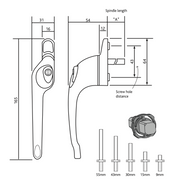 uPVC Universal Cranked Window Handle 9mm 15mm 30mm 43mm 55mm Spindle Locking Espag Double Glazing Replacement Right Left Hand