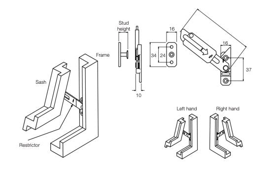 Original Res-Lok PDF drawing showing sash and frame fitting positions, stud plate dimensions and left-hand and right-hand assemblies; orientation must be confirmed before choosing a hand.